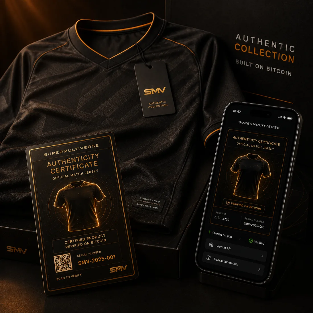 An authenticity certificate card beside the official match jersey it belongs to