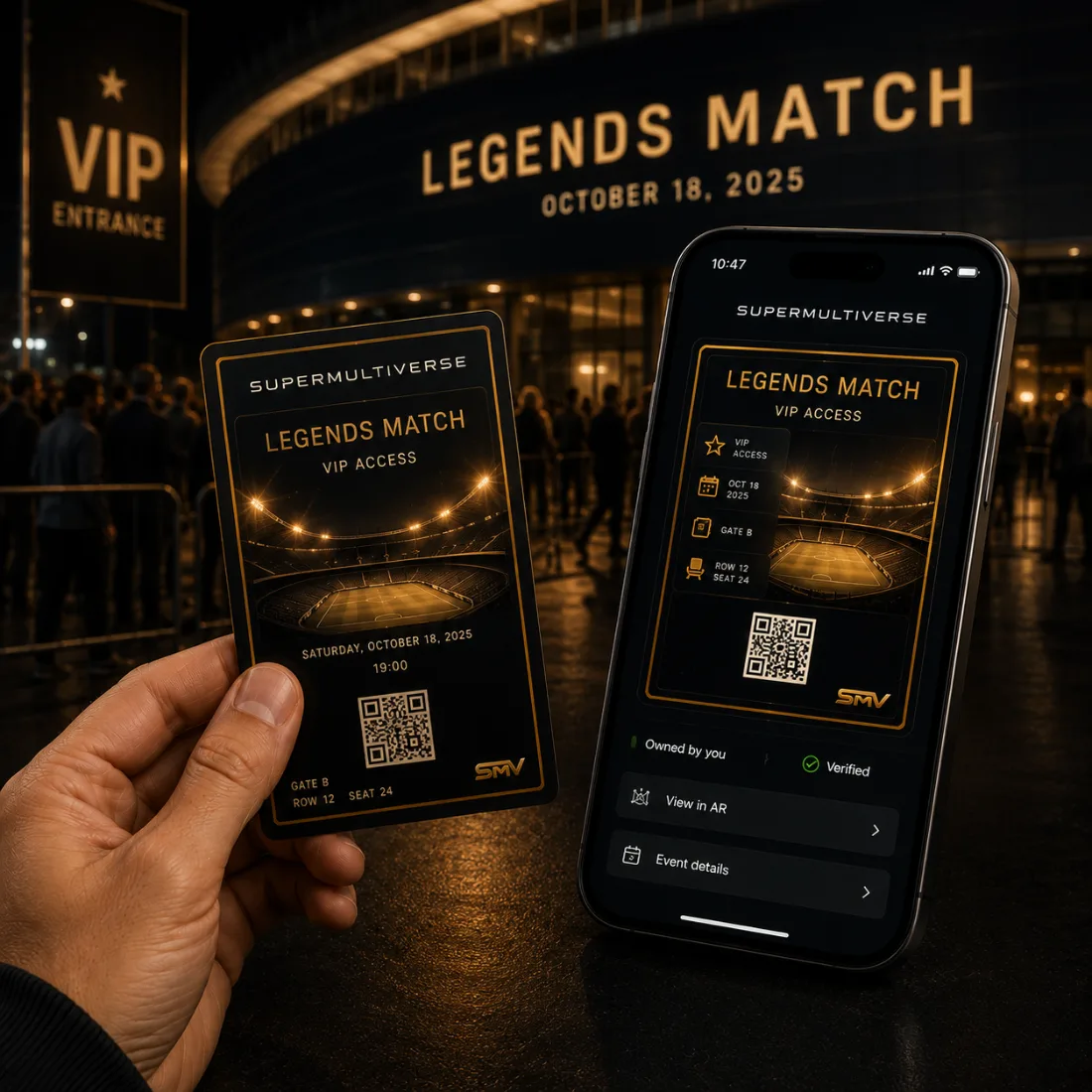 A VIP access card for a match, held in a stadium, with the same credential verified on a phone