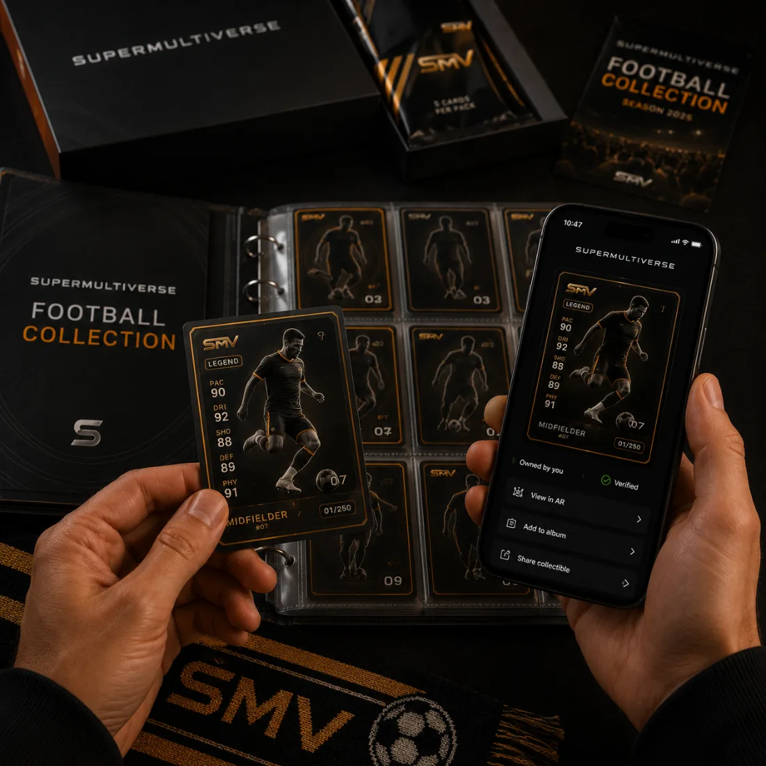 A football collection album, packs and a player card, with the same card owned in the app