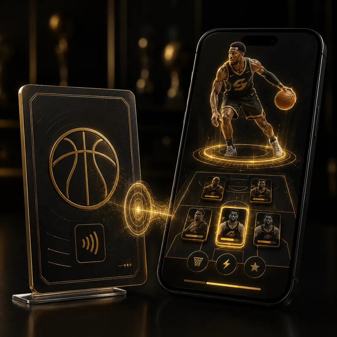 A basketball collectible card tapped against a phone, which shows the player in augmented reality above the game's card lineup