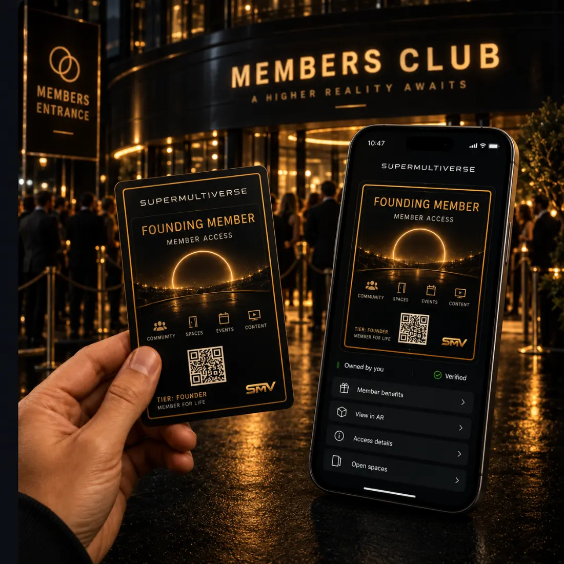 A founding-member pass held outside a members' club at night, beside a phone showing the same pass owned and verified, with member benefits, AR view and access to spaces