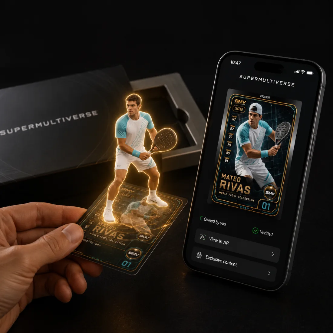 A physical collectible card held in hand, its augmented-reality figure rising from it, beside a phone showing the same collectible as an owned digital object